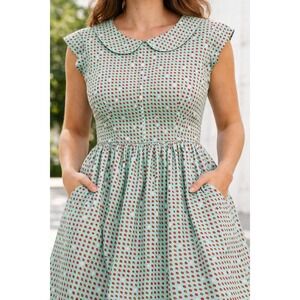 Bernie Dexter Mint Green Strawberry Print Peter Pan Collar Midi Dress Women's M
